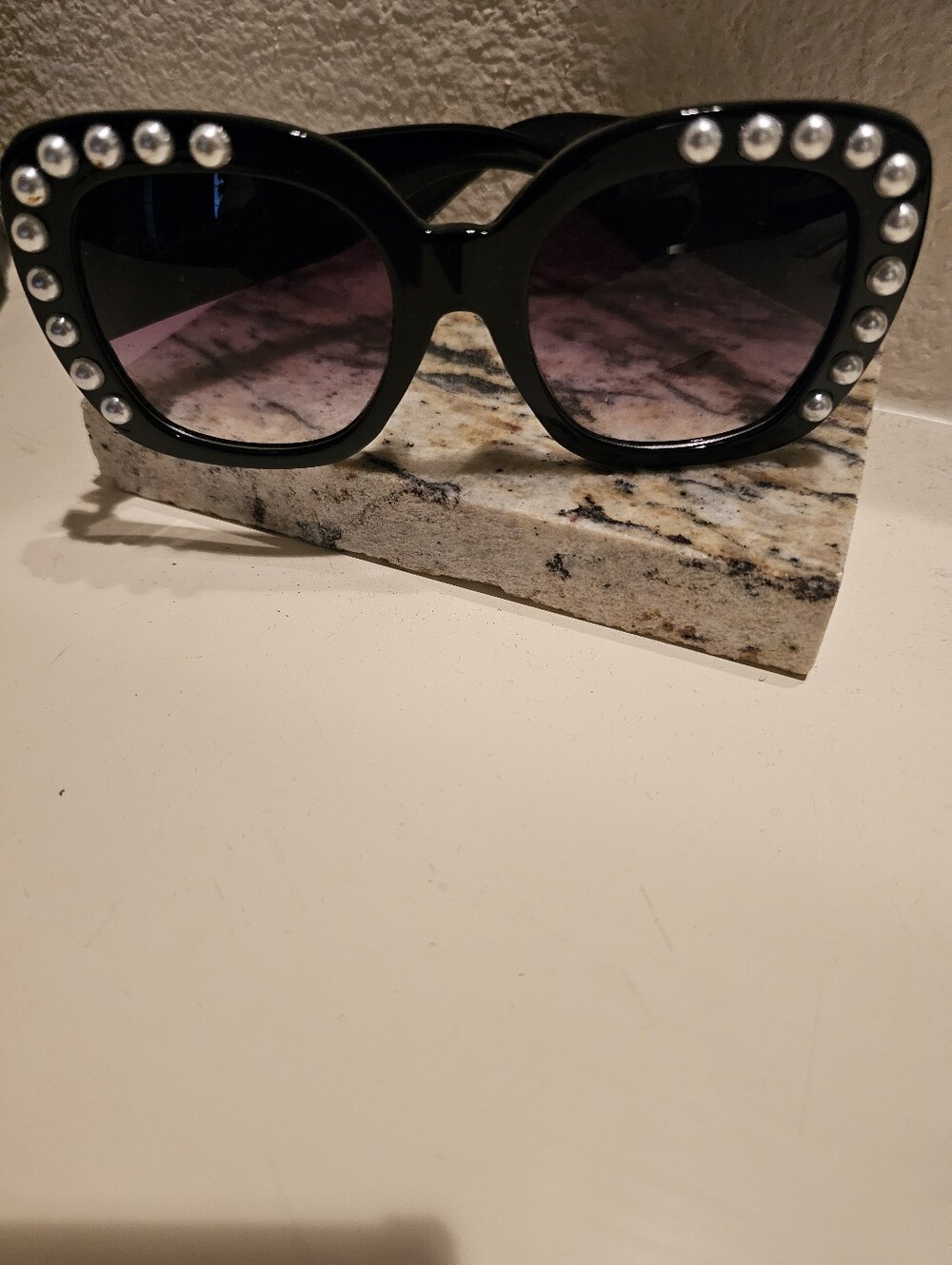 Sam Edelman Black Oversized Sunglasses with Pearl Accents
